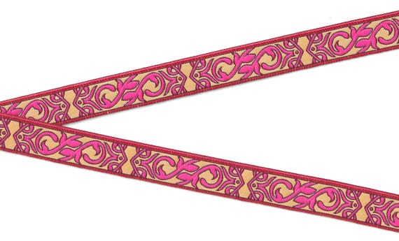 GEOMETRIC D-29-F Jacquard Ribbon Poly Trim 3/4" wide (20mm) Peach Background, Red Borders, Hot Pink Scrolls w/Red Accents