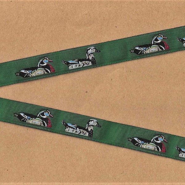 ANIMALS/Birds C-04-A Jacquard Ribbon Poly Trim 5/8" Wide (16mm) Green Background w/Mallard Ducks, Patches, Labels, Appliques