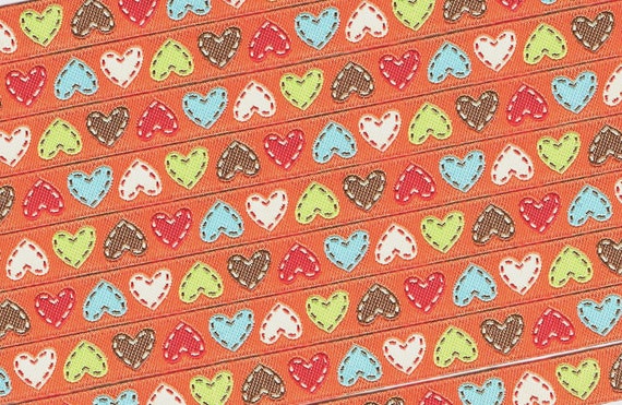 HEARTS/FLOWERS A-04-A Jacquard Ribbon Poly Trim, 3/8" Wide (9mm) Orange Background with Red, Brown, White, Turquoise, Lime Hearts