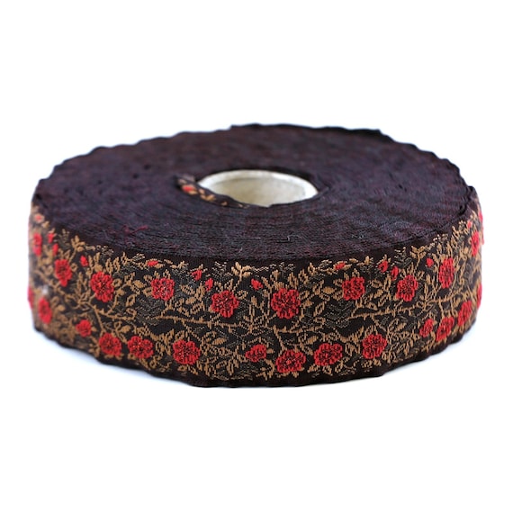 KAFKA F-02/13 Jacquard Ribbon Woven Organic Cotton Trim 1" wide (25mm) Brown Background Red Wild Roses w/Iridescent Red Accents Brown Leaves