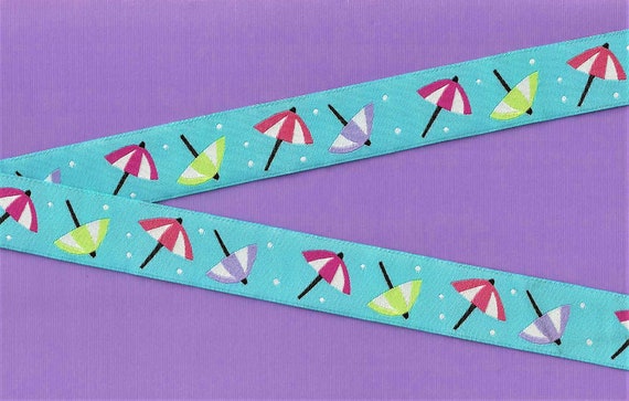 NOVELTY/Beach F-02-A Jacquard Ribbon Poly Trim 1" wide (25mm) Striped Umbrellas on Turq, Beach, Pool, Vacation, Cocktail Theme, Per Yard