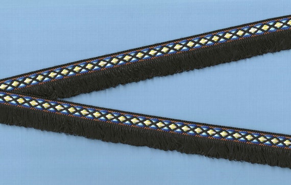 NATIVE AMERICAN A-09-B Jacquard Ribbon Poly Trim 3/8" Wide (9mm) w/Fringe 1" wide Black, Blue, Turq, Yellow & White Diamond Design, Per Yard