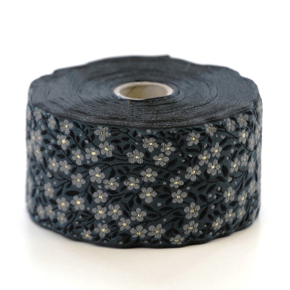 KAFKA K-02/08 Jacquard Ribbon Woven Organic Cotton Trim 2" wide (50mm) Dk Gray, Lt Gray & Metallic Gold Forget-Me-Nots Black Leaves