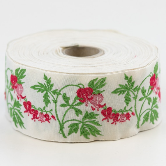 KAFKA H-07/02 Jacquard Ribbon Woven Organic Cotton Trim 1-1/2" wide (38mm) Ivory Background w/Hanging Pink/Red Crying Heart Flowers