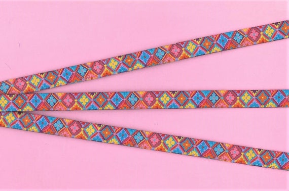 FLORAL A-25-A Jacquard Ribbon Woven Polyester Trim 7/16" wide Multi-Colored Floral Design in a Diamond Pattern