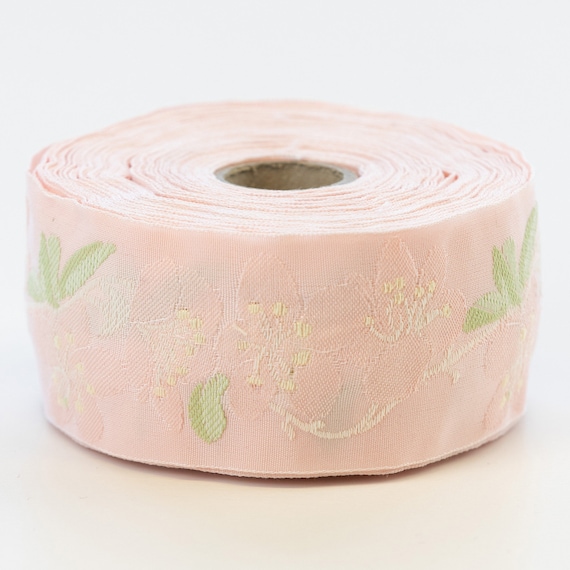 KAFKA H-06/09 Jacquard Ribbon Woven Organic Cotton Trim 1-5/8" wide (40mm) Lt Peach Cherry Blossoms Yellow Accents, Green Leaves