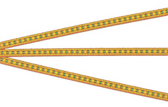 GEOMETRIC A-08-A Jacquard Ribbon Poly Trim 3/8" wide (9mm) Orange w/Yellow Dots, Green Accents