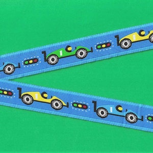 CHILDREN&#39;s E-07-A Jacquard Ribbon Polyester Trim 7/8&quot; Wide (25mm) Blue Background w/Blue, Yellow & Green Racing Cars