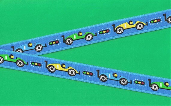 CHILDREN's E-07-A Jacquard Ribbon Polyester Trim 7/8" Wide (25mm) Blue Background w/Blue, Yellow & Green Racing Cars