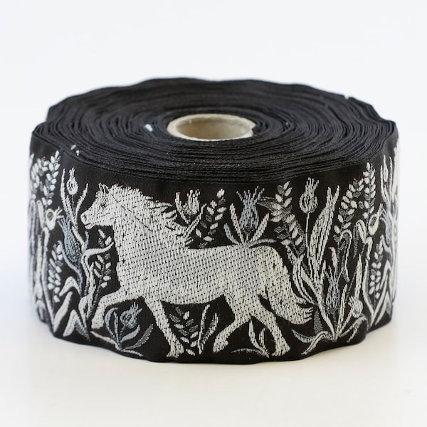 KAFKA K-06/07 Jacquard Ribbon Woven Organic Cotton Trim 2" wide (50mm) Black w/White & Gray Horses, White Lt Gray Dk Gray Grasses