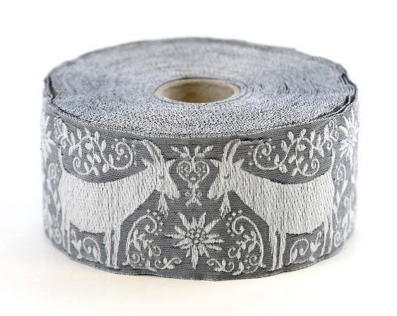 KAFKA H-22/02 Jacquard Ribbon Woven Organic Cotton Trim 1+5/8" wide (41mm) White Blue Billy Goat & Edelweiss Flowers on a Gray Background