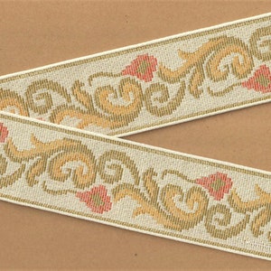 FLORAL TAPESTRY M-15-B Jacquard Ribbon Cotton Trim, 2-5/8&quot; Wide (67mm) Cream Background Brown/Gold Scrolls & Orange Flowers