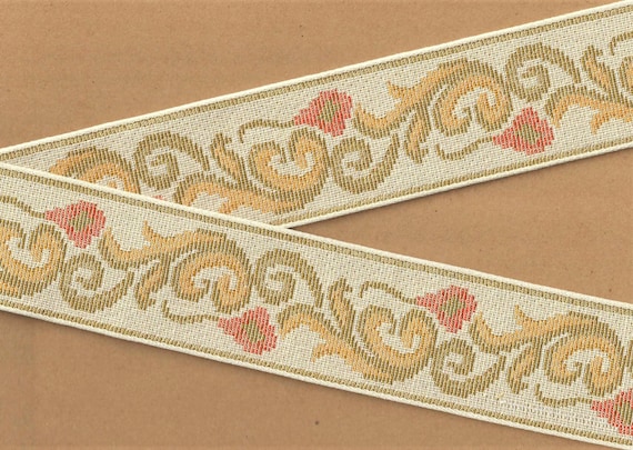 FLORAL TAPESTRY M-15-B Jacquard Ribbon Cotton Trim, 2-5/8" Wide (67mm) Cream Background Brown/Gold Scrolls & Orange Flowers