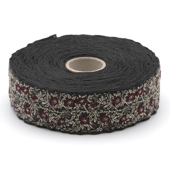 KAFKA F-02/40 Jacquard Ribbon Organic Cotton Trim 1" wide (25mm) Black w/Burgundy Flowers