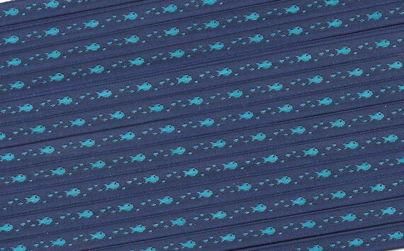 ANIMALS/Water A-01-C Jacquard Ribbon Poly Trim 1/4" wide (6mm) VINTAGE & RARE, Navy w/Turquoise Fish