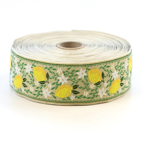 KAFKA H-13/03 Jacquard Ribbon Woven Organic Cotton Trim 1-1/2" wide (38mm) Beige w/Lemons, White Lemon Blossoms, Green Leaves
