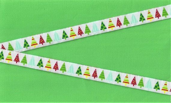 HOLIDAY C-17-A Jacquard Ribbon Poly Trim 5/8" Wide (16mm) White Background Christmas Trees in Multi-Colors/Multi-Patterns