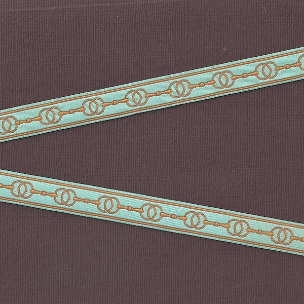 Tiere / Pferde B-07-A Jacquard Band Poly Trim 1/2 "breit (13mm) D. Paquette, Pferd Snaffle Gebiss Design in Mustard Gold auf Aqua