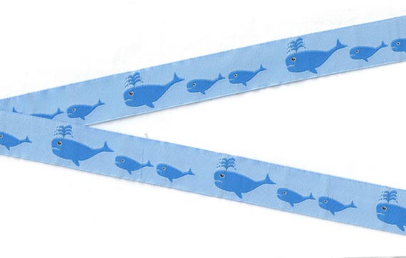 ANIMALS/Water E-34-A Jacquard Ribbon Polyester Trim 7/8" wide (22mm) Blue Background with Pod of Blue Whales
