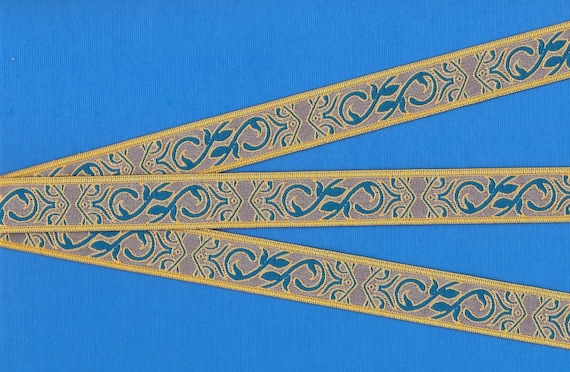 GEOMETRIC D-29-C Jacquard Ribbon Poly Trim 3/4" wide (20mm) Taupe Background, Blue Scrolls w/ Mustard Gold Borders & Accents