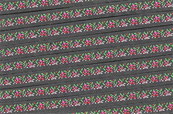 FLORAL A-05-Z Jacquard Ribbon Polyester Trim 7/16" wide, Black Background (Wide Border) Small Red & Pink Flowers, Green Leaves