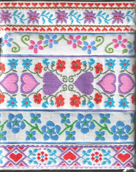 RIBBON PAK-106 Jacquard Ribbon Woven Cotton Trims 1yd lengths of 5 VINTAGE Floral Designs in White, Orange, Lilac, Blue, Green & Pink