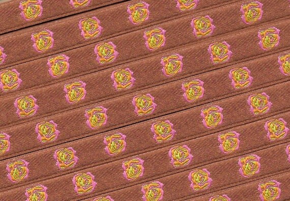 FLORAL A-06-D Jacquard Ribbon Poly Trim 3/8" wide (9mm) Made in France Copper w/Hot Pink, Green & Orange Roses