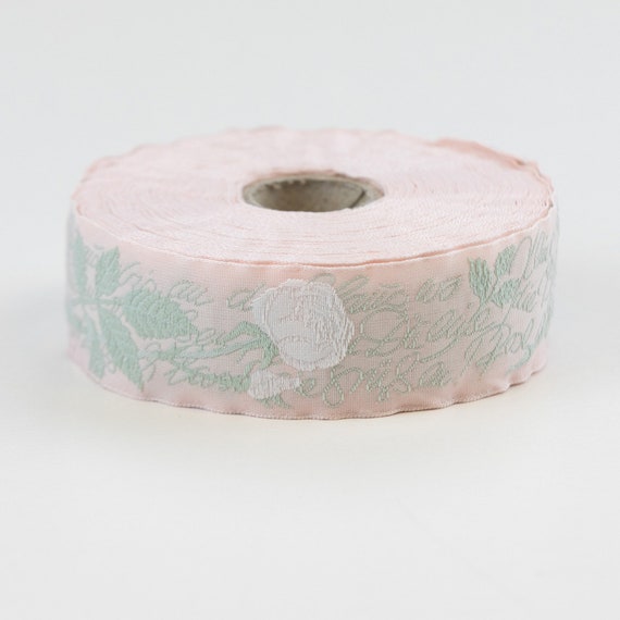 KAFKA F-08/24 Jacquard Ribbon Woven Organic Cotton Trim 1" wide (25mm) HEINE ROSE Pale Pink w/Poem, Long Stem White Roses Pale Green Leaves