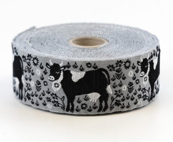 KAFKA G-17/06 Jacquard Ribbon Organic Cotton Trim 1-1/4" wide (32mm) Gray w/ Black & White Cows, White Horns, Black/White Flowers