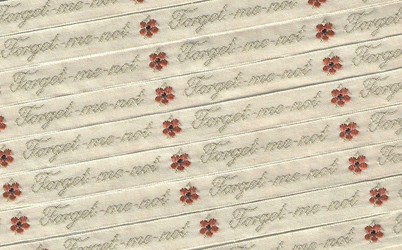 KAFKA A-03/F-03 Jacquard Ribbon Woven Organic Cotton Trim 7/16" wide (10mm) Lt Beige w/Copper/Brown Forget-Me-Nots, Beige Text