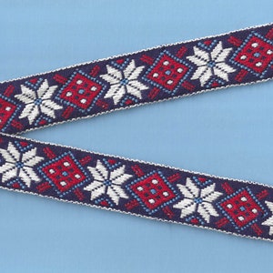 SNOWFLAKES F-06-B Jacquard Ribbon Cotton Trim 1-1/16&quot; wide (26mm) VINTAGE Nordic Pattern White Snowflakes, Red & Blue Motifs on Navy