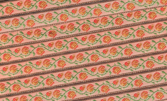 FLORAL B-43-B Jacquard Ribbon Poly Trim 1/2" wide (13mm) Apricot Background, Brown Borders, w/Orange & Tan Flowers, Green Vines/Leaves