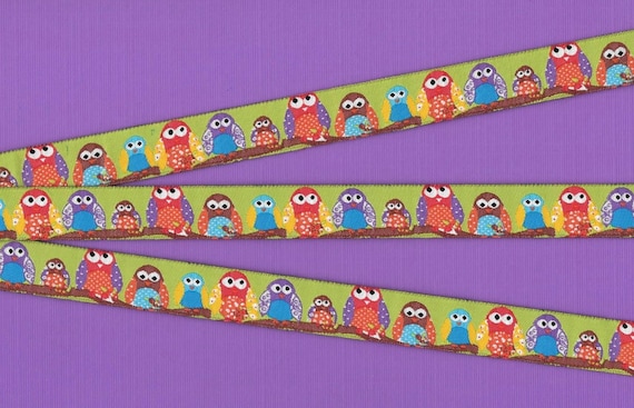 ANIMALS/Birds C-03-A Jacquard Ribbon Poly Trim 5/8" Wide (16mm) Lime Green Background w/Happy Bright Owls Sitting on a Branch