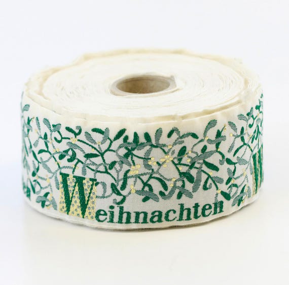 KAFKA H-04/03 Jacquard Ribbon Organic Cotton Trim 1-1/2" wide (38mm) Christmas in GERMAN Ivory w/ Green Leaves Gold Metallic Berries/Accents