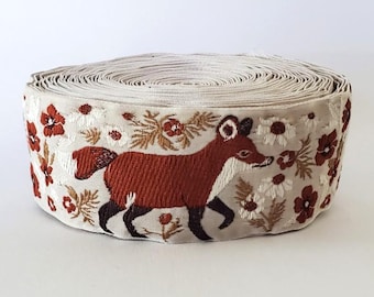 Nastro Jacquard KAFKA H-24/02 in cotone biologico, larghezza 1+1/2" (38 mm), beige con volpi rosso-marroni