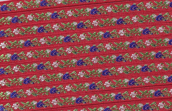 FLORAL A-08-G Jacquard Ribbon Poly Trim 3/8" wide (9mm) Red w/White & Blue Flowers, Olive Leaves