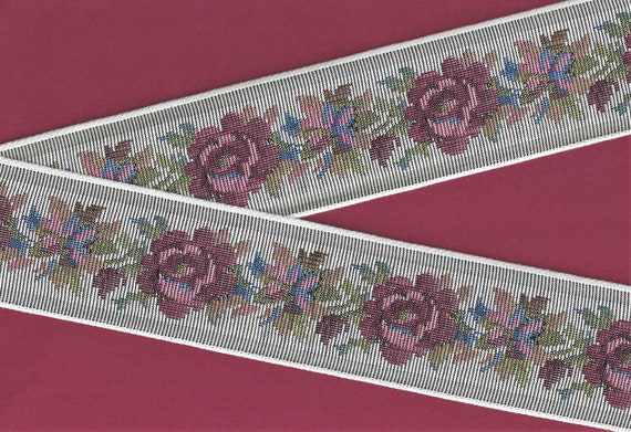 FLORAL TAPESTRY M-05-F Jacquard Ribbon Cotton Trim 2-3/8" wide (60mm) VINTAGE, "Petit Point" Design in White w/Pink Flowers, Olive Leaves