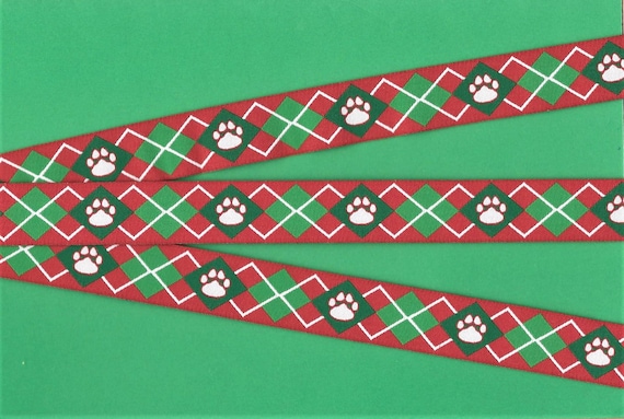 HOLIDAY D-12-C Jacquard Ribbon Poly Trim 3/4" wide (20mm) Red w/Green Argyle & Paw Prints