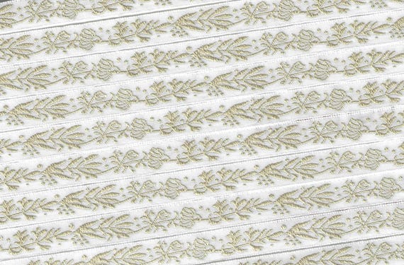 KAFKA A-14/07 Jacquard Ribbon Organic Cotton Trim 7/16" wide (10mm) White w/Beige Herb Design