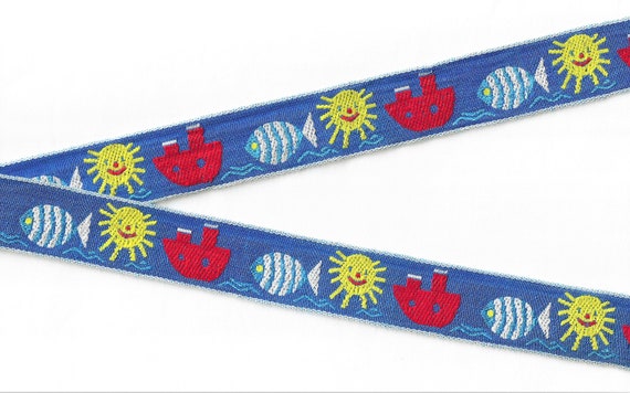 CHILDREN's F-01-E Jacquard Ribbon Cotton Trim, 1" Wide (25mm) Blue Background w/Turq & White Fish, Sun Motifs and Red Boats