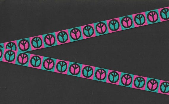 NOVELTY C-01-A Jacquard Ribbon Poly Trim 5/8" wide (16mm) Pink/Teal Peace Signs