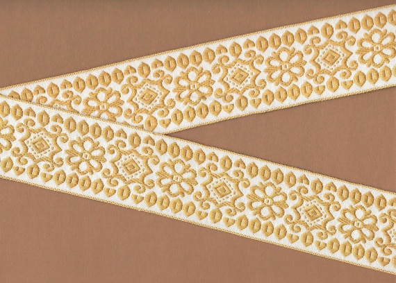 FLORAL J-03-C Jacquard Ribbon Cotton Trim 2" wide, Off-White w/Mustard Gold Scroll Medieval or Renaissance Design