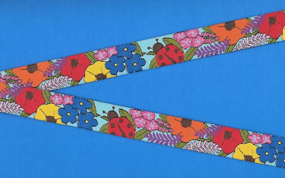 Floral E-13-B RDS Jacquard Ribbon Poly Trim 7/8" wide (22mm) NO Borders Arctic Poppies, Lupine, Fireweed, Forget-Me-Nots & Ladybug, Per Yard