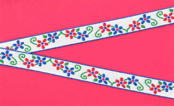 FLORAL D-21-B Jacquard Ribbon Cotton Trim 3/4" wide (20mm) White Background, Blue Border w/Red & Blue Flowers, Green Stems