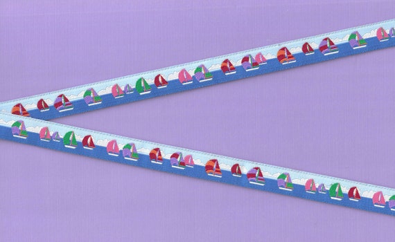 SPORTS/Nautical B-03-A Jacquard Ribbon Poly Trim 1/2" wide (13mm) "Spinnaker" Blue Sky w/Sailboats