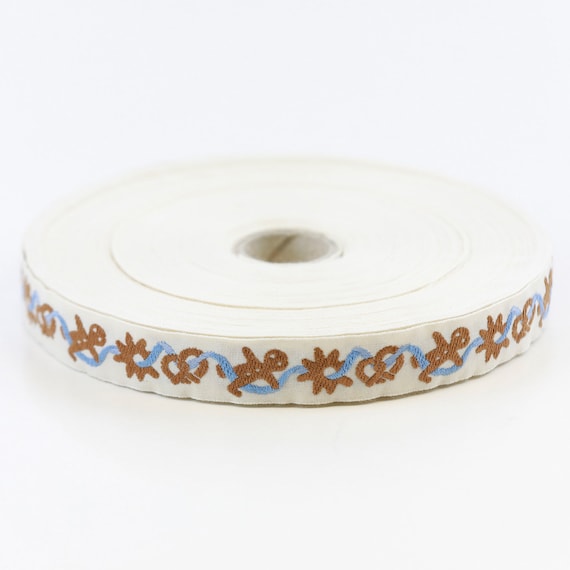 KAFKA C-02/03 Jacquard Ribbon Woven Organic Cotton Trim 5/8" wide (16mm) Ivory w/Gingerbread Men, Pretzels & Cookies Blue Ribbons, Per Yard