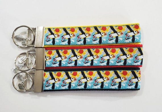 BIRDS Jacquard Ribbon/Nylon Web BIRDS 1" wide (25mm) Key Fobs, "Puffins in Flight" w/Charms, Keychain, Wristlet, Luggage Tags 5.5" long