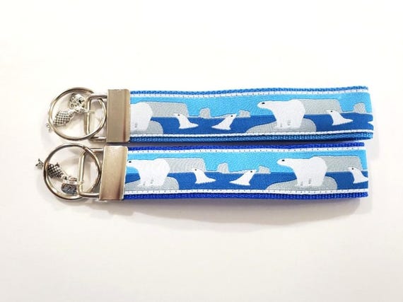WILDLIFE Jacquard Ribbon/Nylon Web 1" wide (25mm) Key Fobs, "Polar Bears" w/Charms, Keychain, Wristlet, Luggage Tags 5.5" long