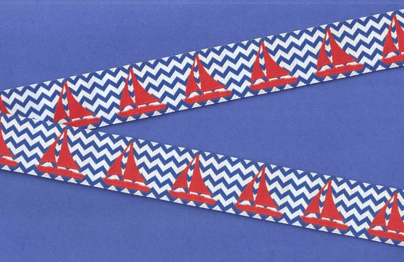 SPORTS/Nautical G-02-A Jacquard Ribbon Poly Trim 1-1/8" Wide (28mm) Douglas Paquette, Red Sailboats on Blue & White Zig Zag