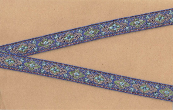 GEOMETRIC C-06-Q Jacquard Ribbon Polyester Trim 5/8" wide (16mm) Made in France, Blue w/Beige, Tan, Blue & Green, Burgundy Accents, Per Yard